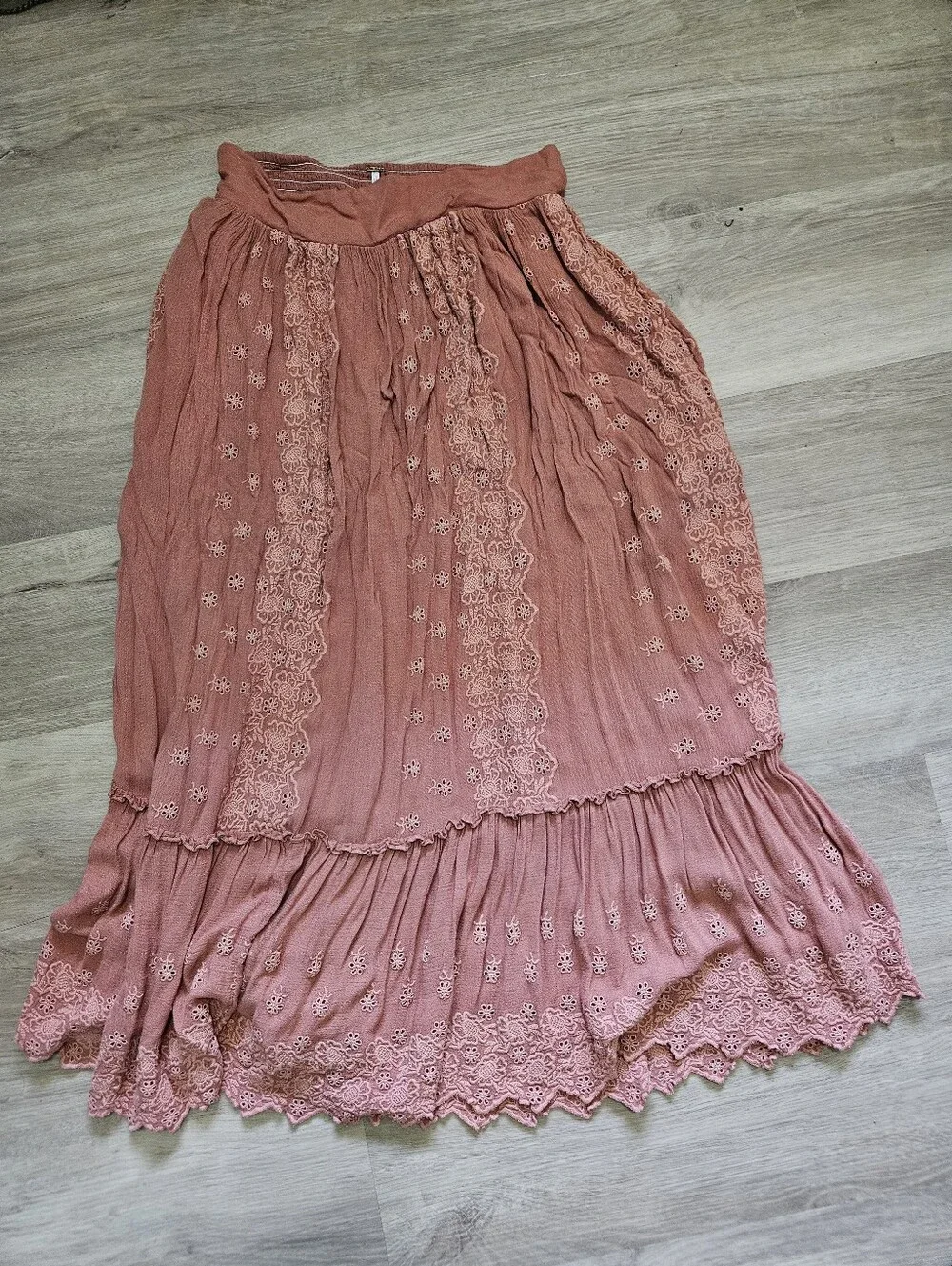 Free People Boho Embroidered Smocked Waist Maxi Skirt | Size Small